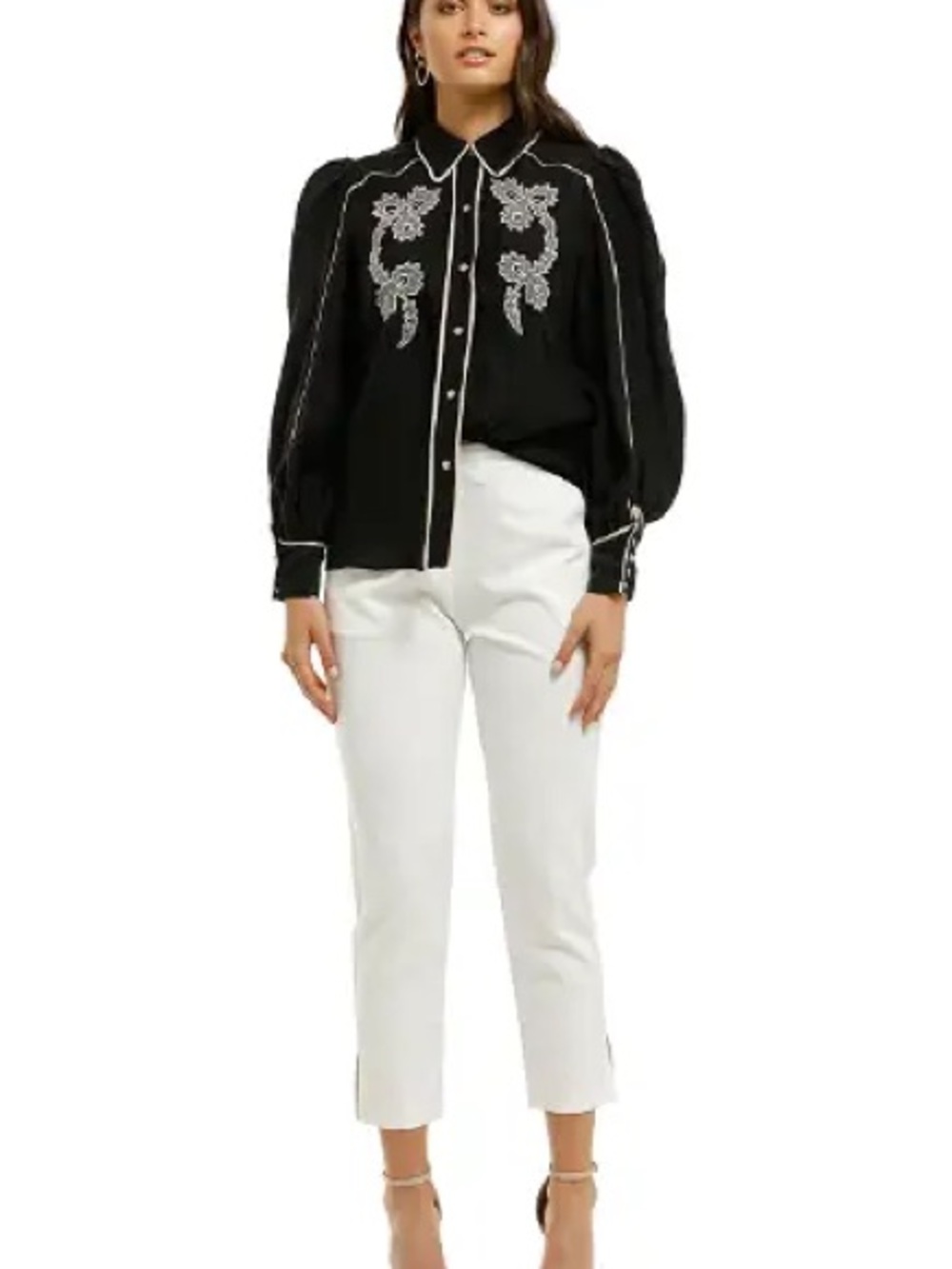 C/MEO Collective Black Blouse with Cream Piping and Embroidered Floral Panels - Picture 3 of 8